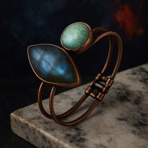 ๐๏ธBoho Chic Labradorite & Amazonite Antique Bronze Cuff Bracelet | Artisan Gems - Picture 5 of 13
